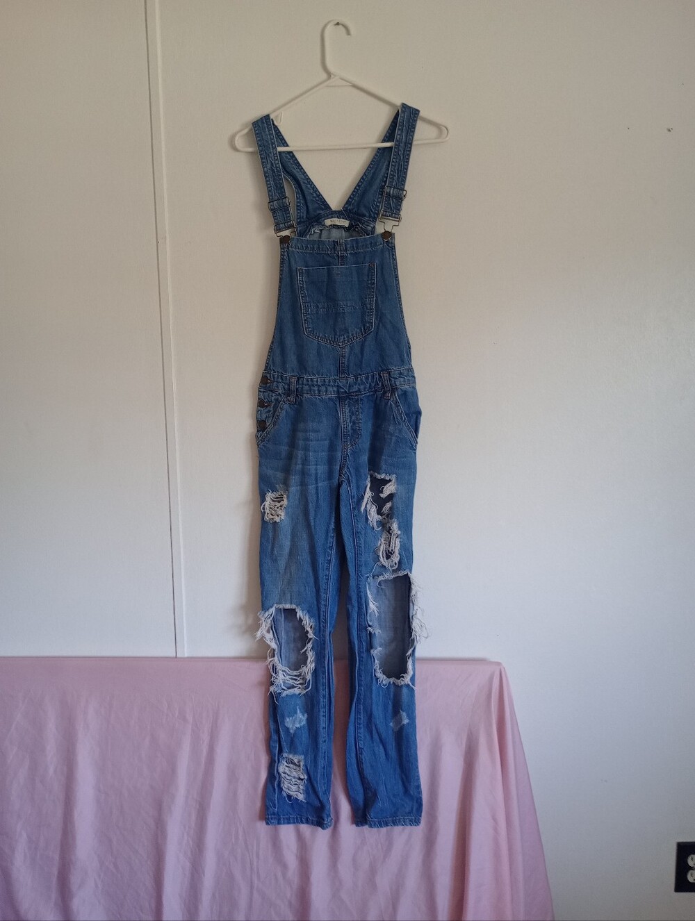 Machine Jeans Overalls Destroyed Distressed Blue Denim Buttons Pockets Size 26